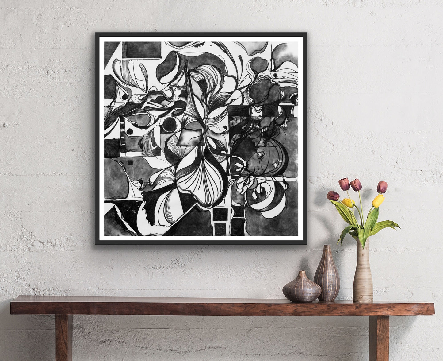 Flowers And Squares Fine Art Print